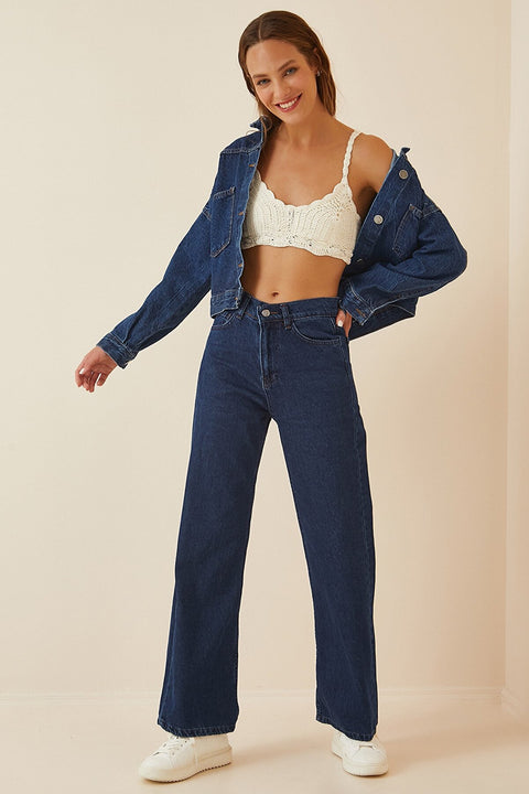 Happiness Ist. Women's Navy Blue Long Wide Leg Jean
