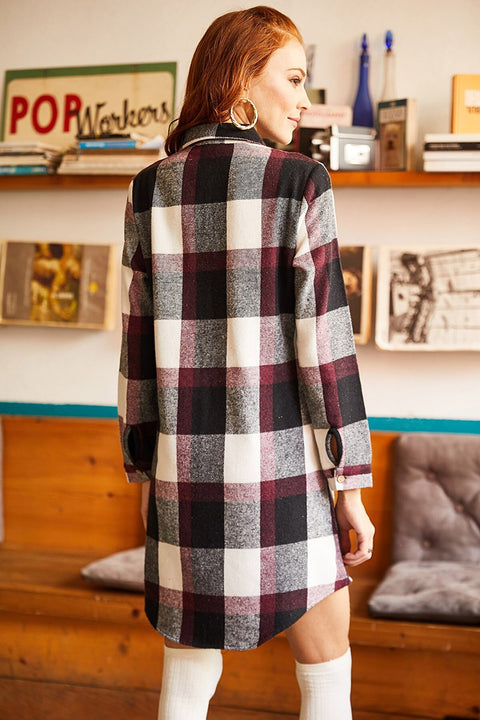 Olalook Women Claret Red Ecru Lumberjack Thick Plaid Tunic Dress