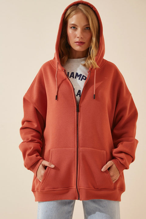Happiness Women's Peach Hoodie Zipper Raised Oversize Sweatshirt