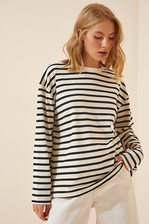 Happiness Women's Black Ecru Striped Cotton Knitted Sweatshirt