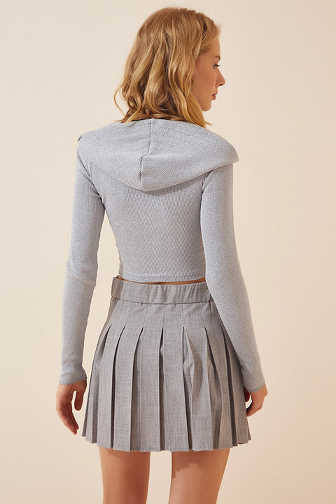 Happiness  Women's Gray Hoodie Zipper Crop Sweatshirt