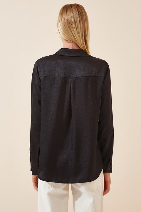 Happiness Ist. Women's Black Lightly Flowy Satin Shirt DD00990