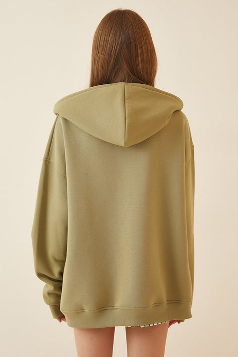 Happiness Women's Green Hooded Zipper Raised Oversize Sweatshirt
