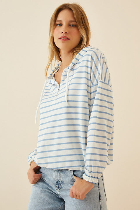 Happiness Women's Light Blue White Zippered Hoodie Seasonal Sweatshirt