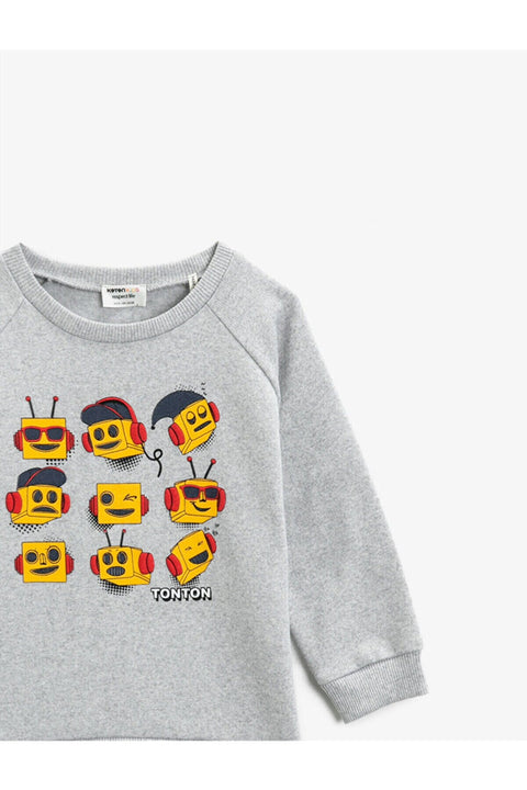 Koton Boys Gray Crew Neck Long Sleeve Printed Sweatshirt