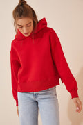 Happiness Women's Red Hoodie Raised Crop Sweatshirt