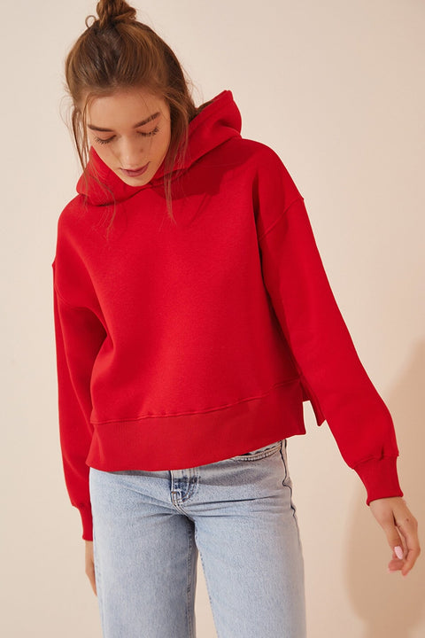 Happiness Women's Red Hoodie Raised Crop Sweatshirt