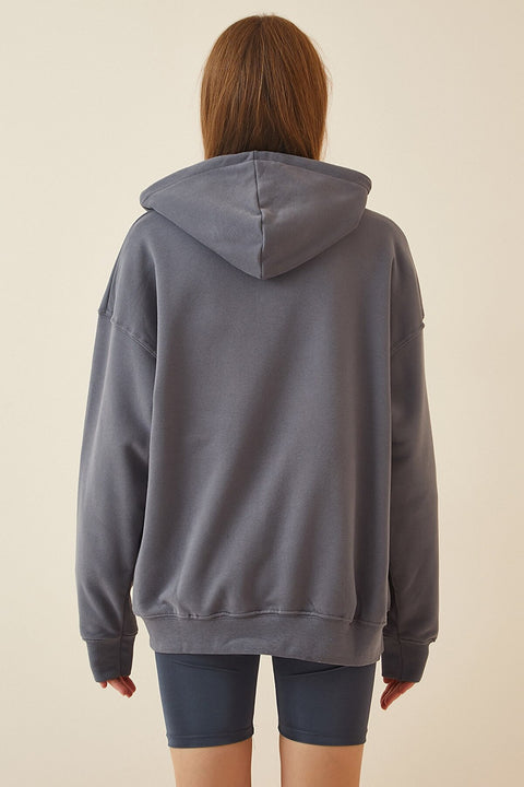 Happiness  Women's Gray Hooded Rack Zipper Oversize Sweatshirt