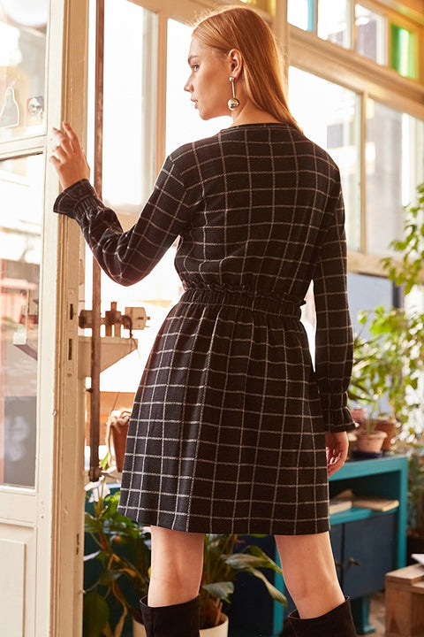 Olalook Women's Black Waist And Cuff Detailed Cuffed Dress