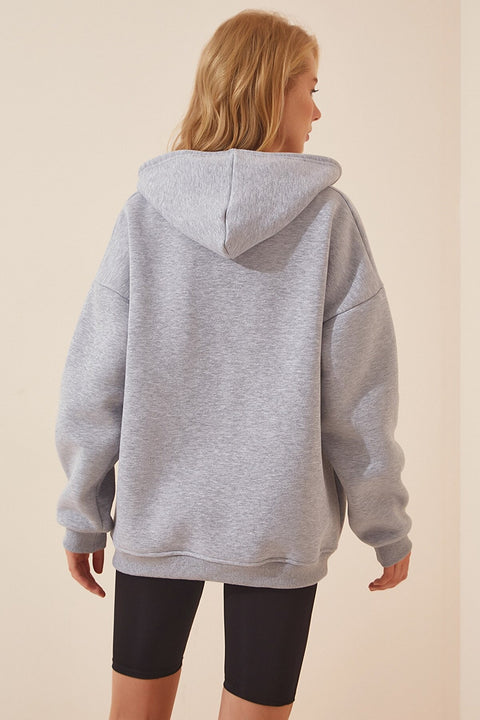 Happiness Women's Gray Melange Hoodie Oversize Raised Zipper Knitted Sweatshirt