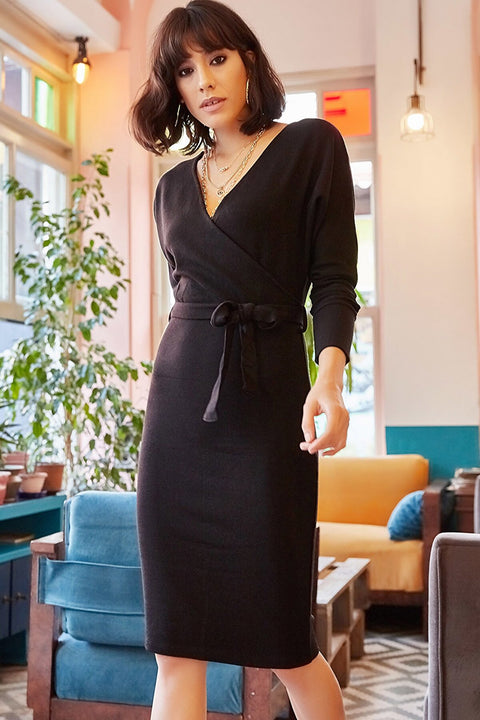 Olalook Women's Black Double Breasted Belted Knitwear Dress