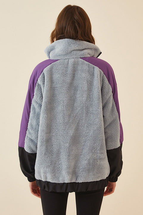 Happiness Women's Gray Zipper Oversize Fleece Sweatshirt