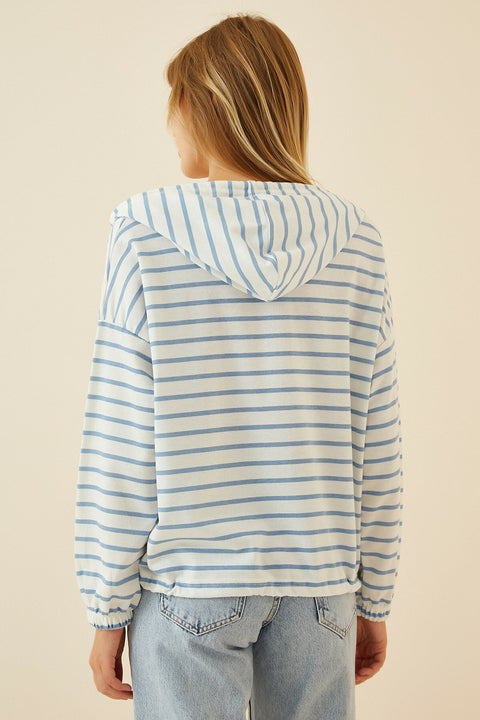 Happiness Women's Light Blue White Zippered Hoodie Seasonal Sweatshirt