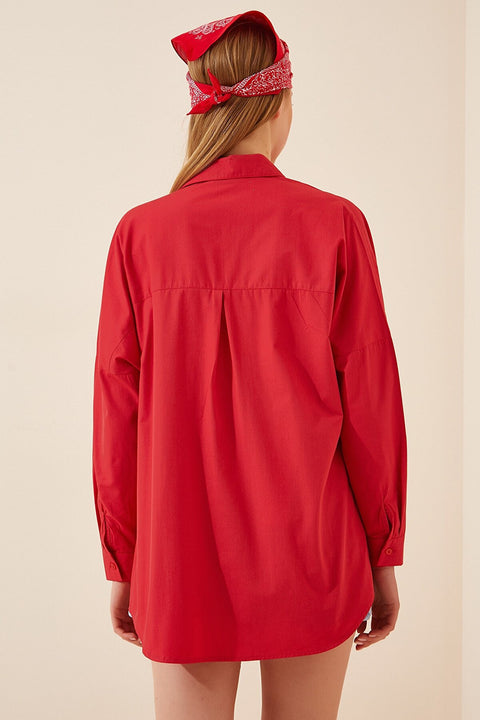 Happiness Ist. Women's Red Oversize Long Basic Shirt DD00842