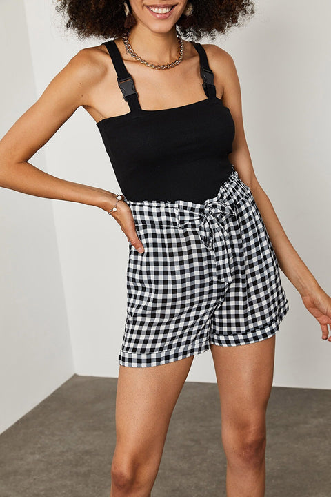 Xena Women's Black & White Plaid Elastic Waist Shorts