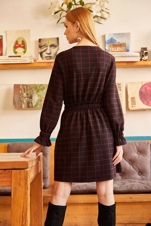 Olalook Women Claret Red Waist And Cuff Detailed Cuffed Dress
