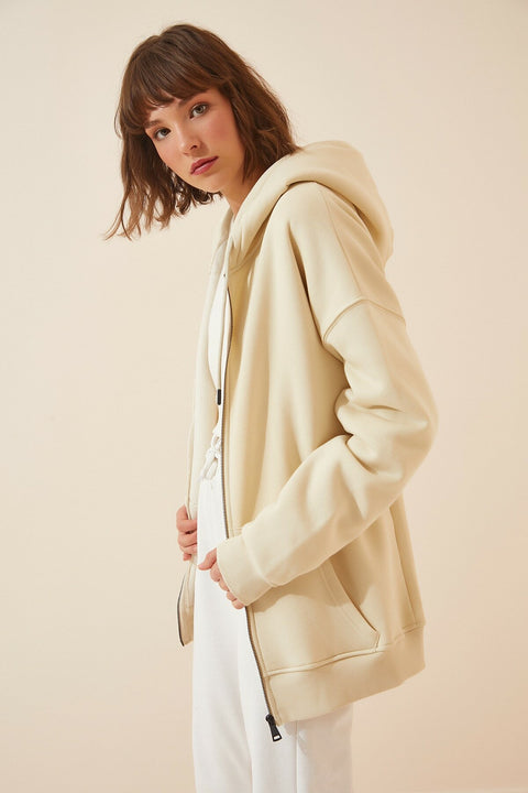 Happiness  Women's Cream Hooded Zipper Raised Oversize Sweatshirt