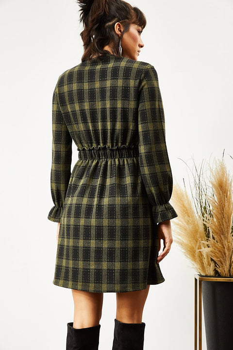 Olalook Women's Khaki Black Waist And Cuff Detailed Cuffed Dress