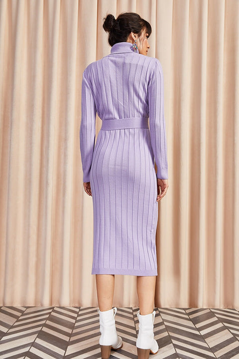 Olalook Women's Lilac Belted Thick Ribbed Knitwear Dress
