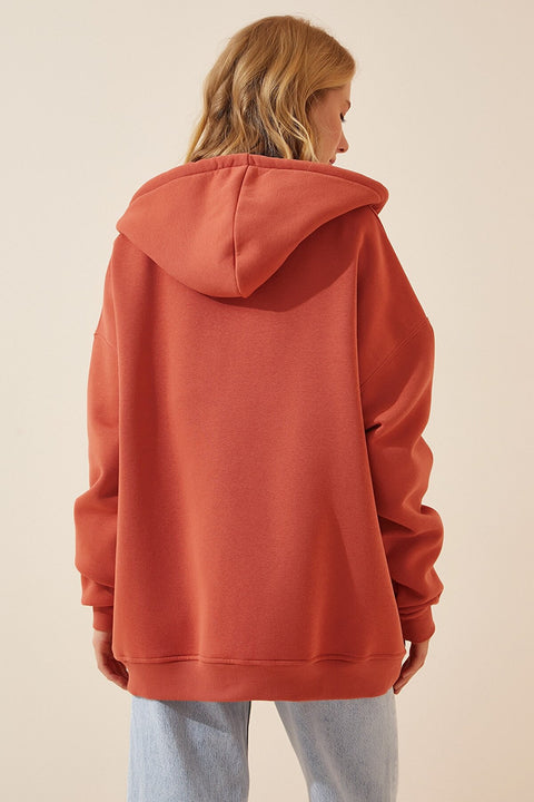 Happiness Women's Peach Hoodie Zipper Raised Oversize Sweatshirt