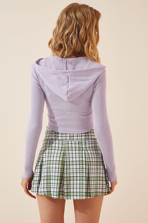 Happiness Women's Lilac Hooded Zippered Crop Sweatshirt