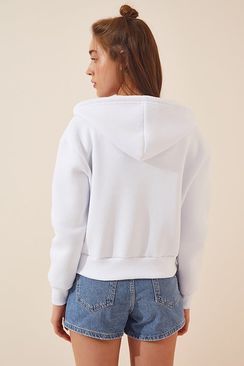 Happiness Women's White Hooded Zipper Raised Crop Sweatshirt