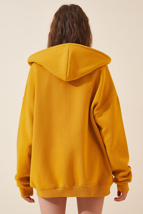 Happiness  Women's Dark Yellow Hooded Zipper Raised Oversize Sweatshirt