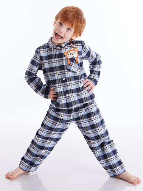 Denokids Navy blue Plaid Boy Set