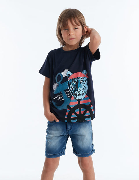 Mushi Tiger Boy Denim Shorts Set