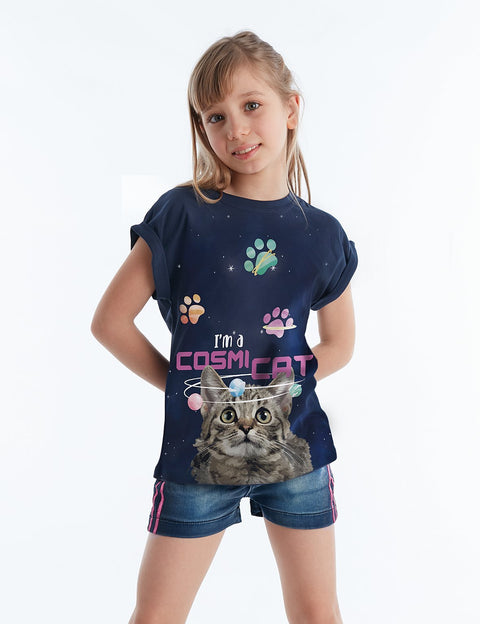 Mushi Cosmicat Girl Denim Shorts Set