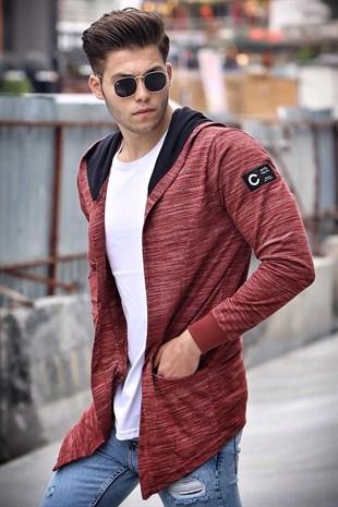 Madmext Men's Hooded Claret Red Cardigan 2223