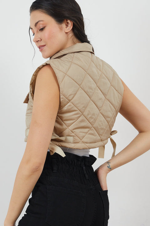 TonnyBlack Beige Women's Quilted Pocket Detailed Vest TBG023-1_103