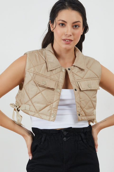 TonnyBlack Beige Women's Quilted Pocket Detailed Vest TBG023-1_103