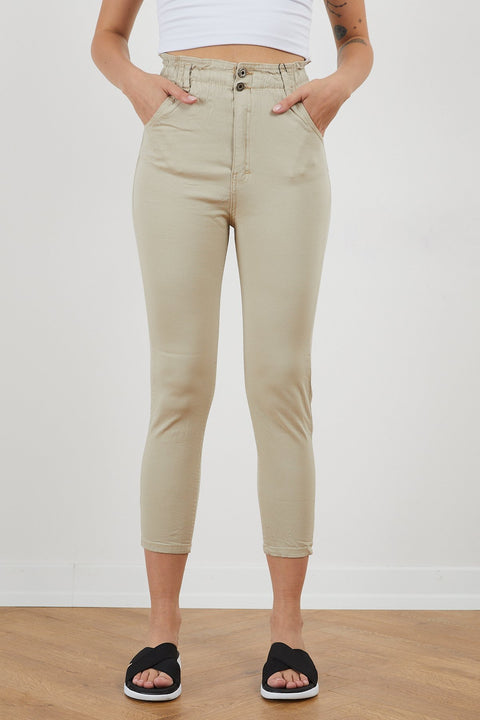 TonnyBlack Beige Women Linen Bagi Waist Elastic Trousers TBG024-1_103