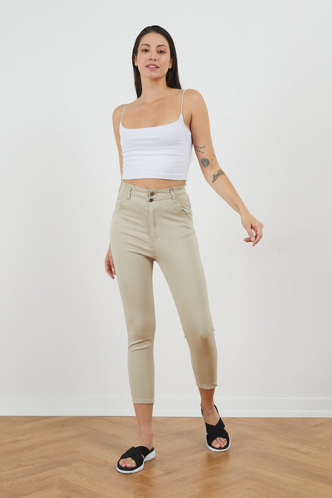 TonnyBlack Beige Women Linen Bagi Waist Elastic Trousers TBG024-1_103