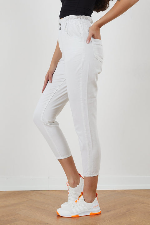 TonnyBlack White Women Gabardine Waist Elastic Trousers TBG020-1_102