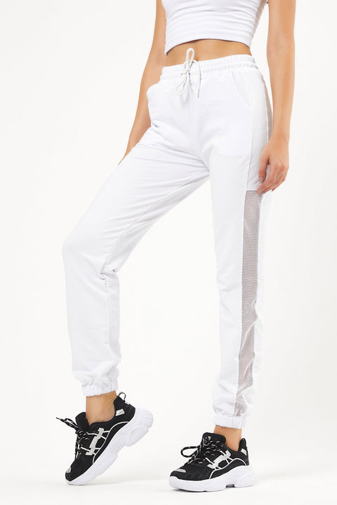 TonnyBlack White Women's Side Mesh Waist Leg Elastic Sweatpants TBG065-1_102