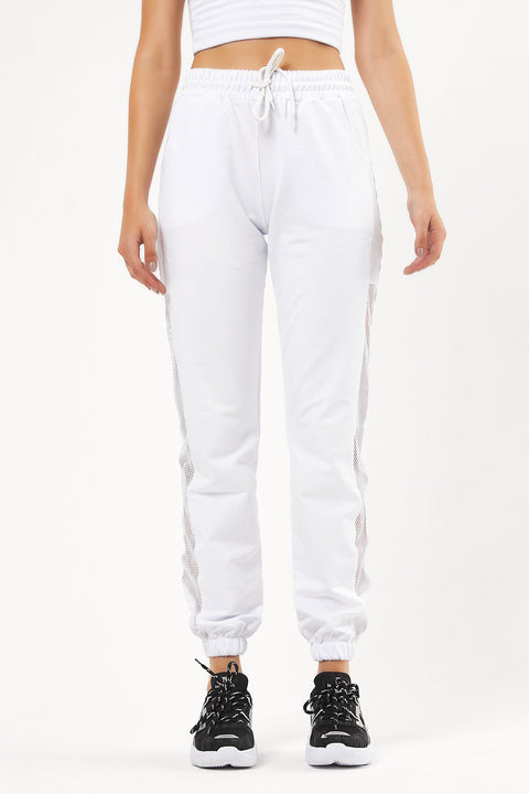 TonnyBlack White Women's Side Mesh Waist Leg Elastic Sweatpants TBG065-1_102