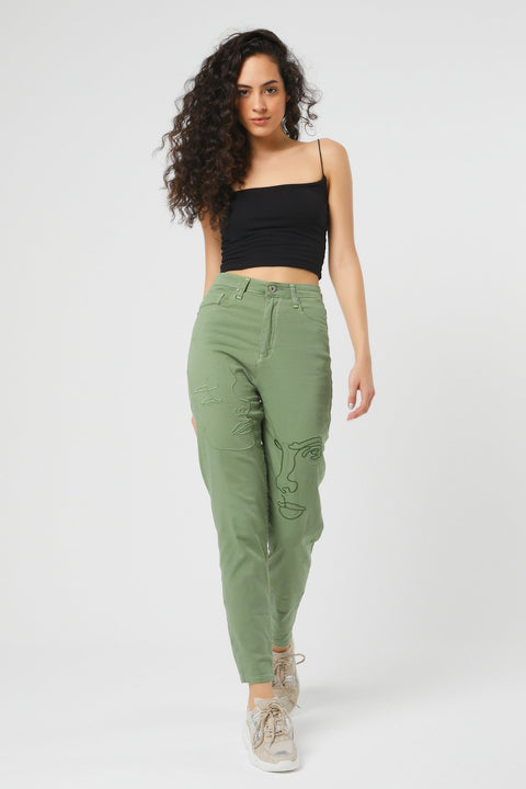 TonnyBlack Khaki Women Patterned Linen Trousers TBG043-1_110