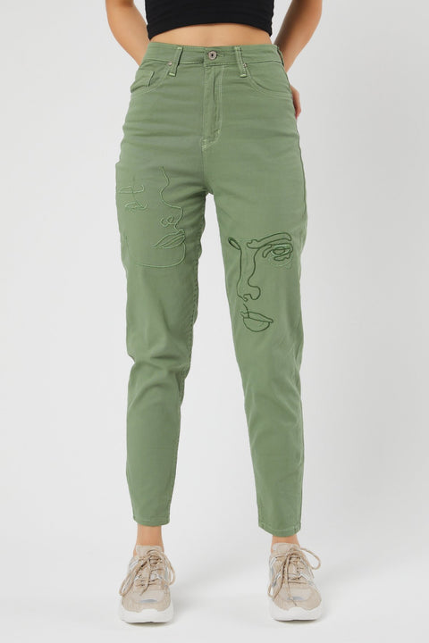 TonnyBlack Khaki Women Patterned Linen Trousers TBG043-1_110