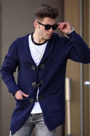 Madmext Men's Hooded Cardigan Navy Blue 2802