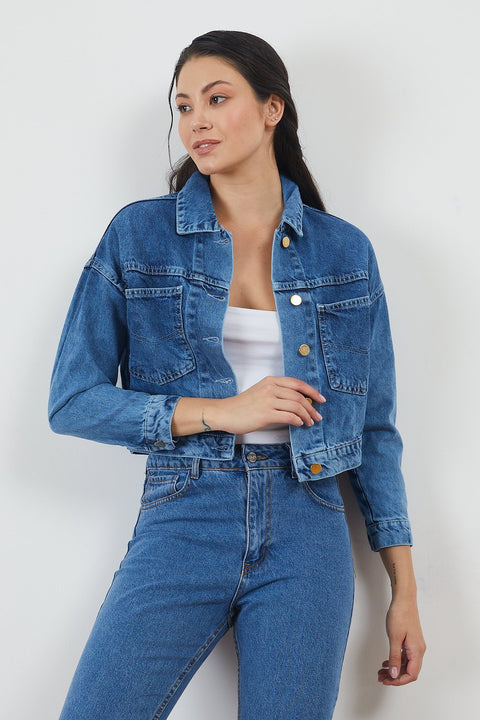 TonnyBlack Jeans Blue Women's Back Button Detailed Denim Jacket TBG031-1_351