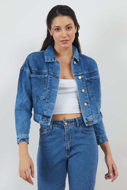 TonnyBlack Jeans Blue Women's Back Button Detailed Denim Jacket TBG031-1_351