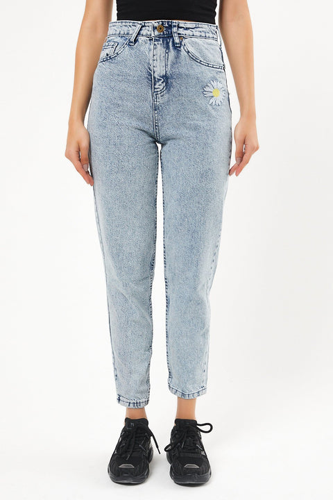 TonnyBlack Jeans Blue Women Floral Pattern High Waist Mom Pants TBG058-1_351
