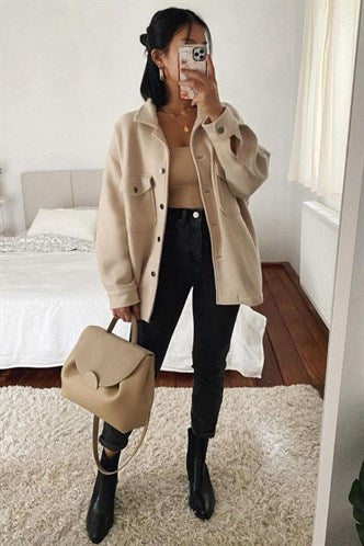 Madmext Women's Beige Oversize Wool Shirt Jacket Mg1199