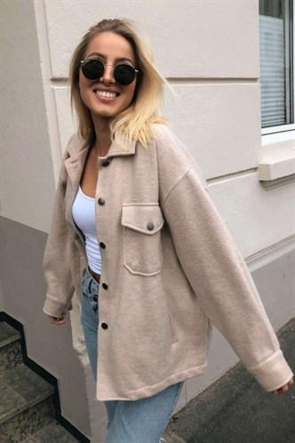 Madmext Women's Beige Oversize Wool Shirt Jacket Mg1199