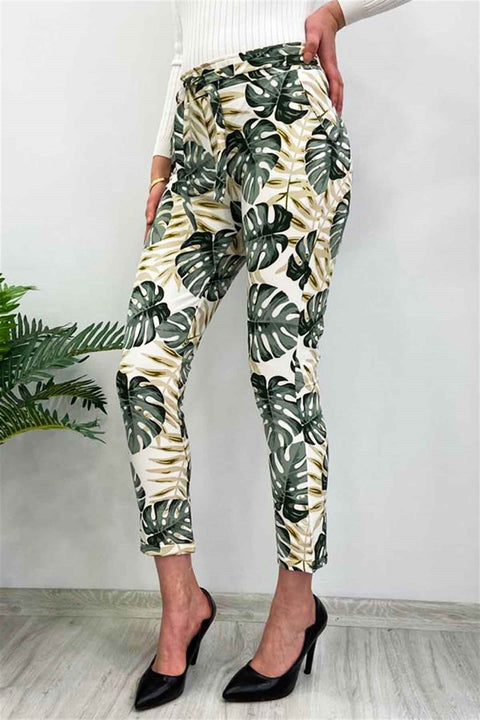 Madmext Women's White Patterned Tie Waist Pant MG213