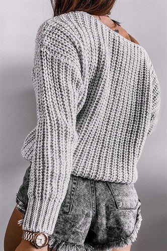 Madmext Mad Girls Gray V-Neck Oversize Women's Sweater MG763