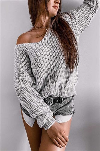 Madmext Mad Girls Gray V-Neck Oversize Women's Sweater MG763