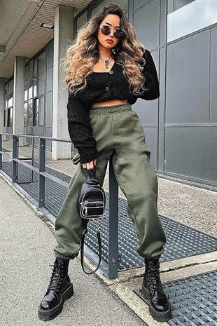 Madmext Women's Khaki Elastic Elastic Oversize Women's Sweatpants MG324